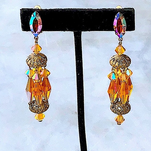 LEWIS SEGAL OF CALIFORNIA EARRINGS CLIP DANGLE AMBER AURORA BOREALIS - Picture 3 of 8